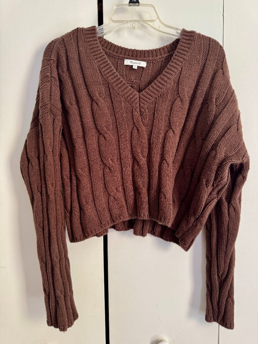 Madewell Women's Cable-Knit V-Neck Crop Sweater Brown Size Medium
